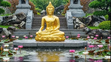 Peaceful Rain Meditation – Golden Buddha beside Lotus Pond
