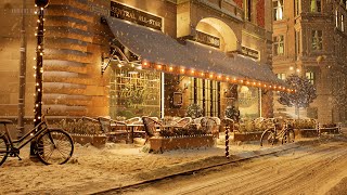 Cozy Coffee Shop With Snow Falling In A Quiet Street With Wind Sounds | Relax Or Sleep | 4K | 8Hours