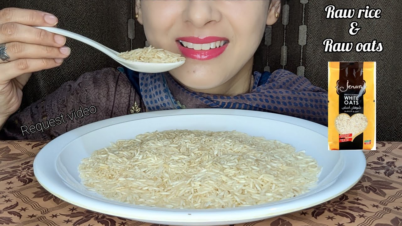 ASMR RAW RICE EATING || RAW RICE WITH RAW ( OATS ) BIG BITES + CRUNCHY ...