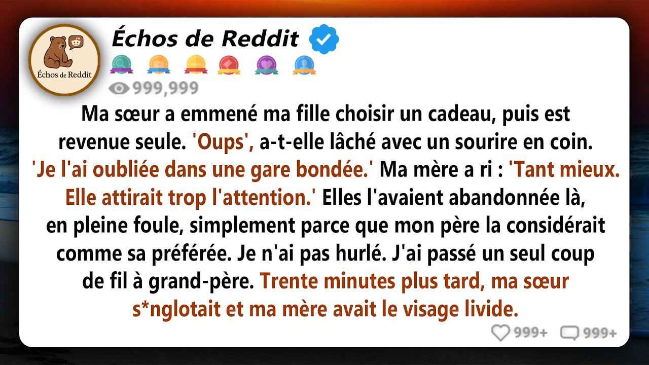« Oups ! » a ricané ma sœur en revenant seule de la boutique, l’air parfaitement indifférente. « Je l’ai laissée à la gare. » Ma mère a simplement ri et siroté son champagne : « Elle attirait trop...