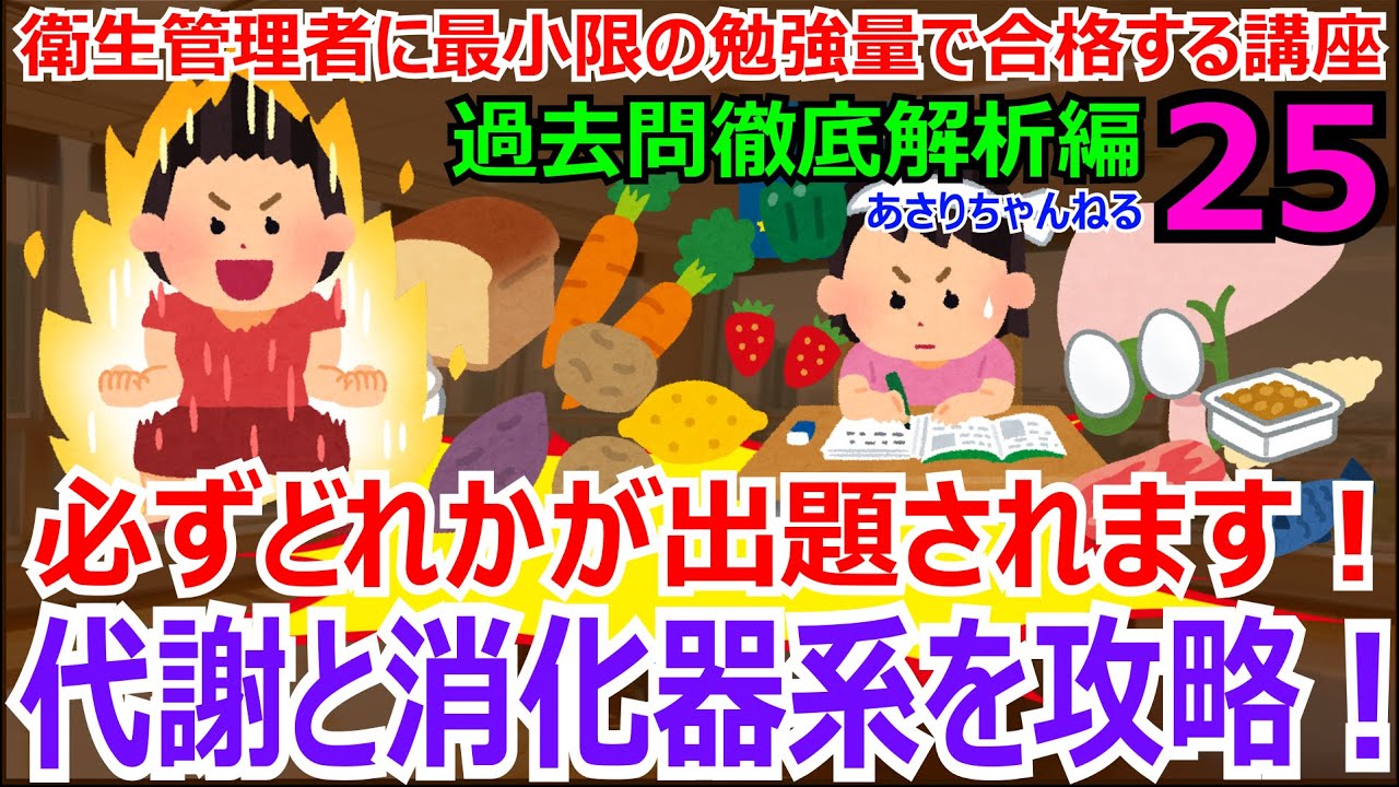 衛生管理者に最小限の暗記量で合格する講座　過去問徹底解析編　第25回　基礎代謝量、同化と異化、疲労身体活動強度、消化器系、栄養素の消化、吸収、膵臓、胃、小腸、肝臓、肝臓、消化酵素、脂肪分解を解説します