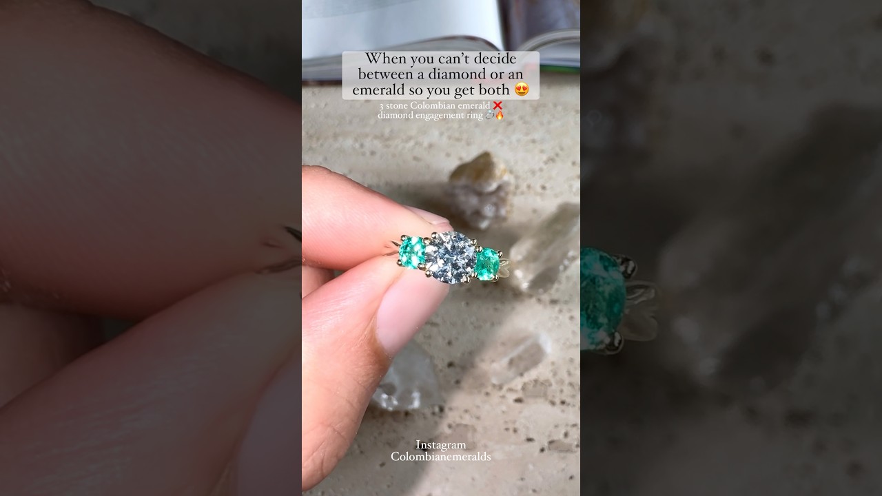 1 CT Center around white Diamond accented Colombian green emerald 3 Stone Engagement ring 14K Gold