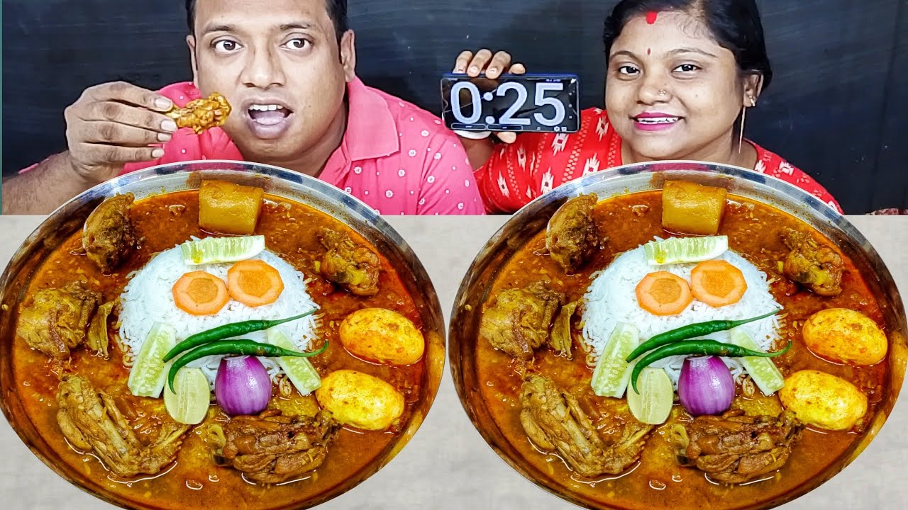 SPICY CHICKEN CURRY EGG CURRY WITH BASMATI RICE MASALA PURI EATING CHALLENGE // food family blogs 