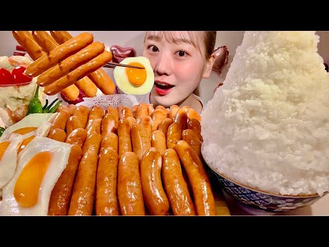 ASMR Sausage 1kg and Fried Egg【Mukbang/ Eating Sounds】【English subtitles】