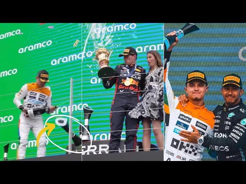 Max Verstappen’s winners trophy falls down the podium | Lewis congratulates Lando *unseen footage*