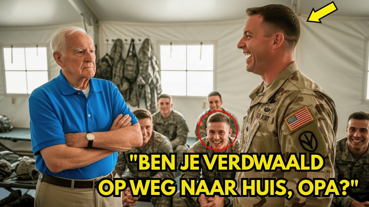 "Is dit een of andere grap?" De stem van korporaal Davis sneed door de tent, scherp en vol onterechte arrogantie. Hij keek neer op de oude man op de klapstoel, een stille figuur te midden van...