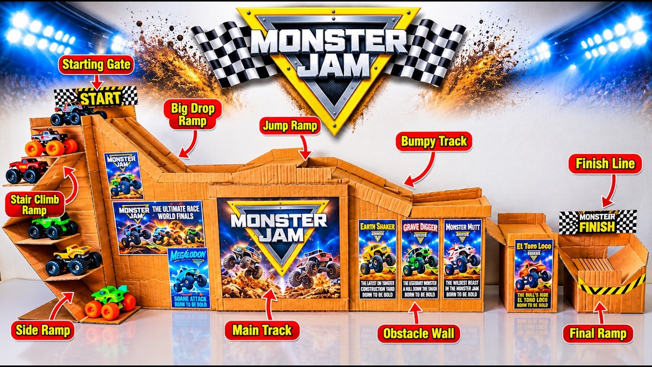 Grave Digger vs Earth Shaker vs Monster Mutt! 🏁 Monster Jam Toy Truck ...