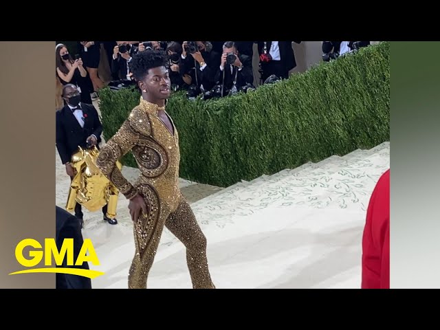 Watch Lil Nas X transform into his gold bodysuit at the MET Gala l GMA class=