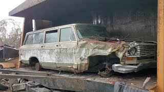 Car Crusher Crushing Cars 90 1974 travelall 1963 impala, camary hit by a train