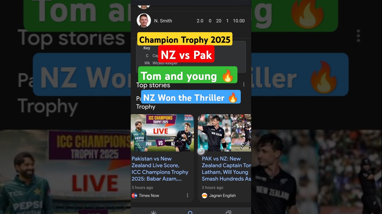 Live Score 🏏/ NZ Won /Nz vs Pak / NZ win the Match / Champion Trophy 2025 / Cricket News/ Cricket