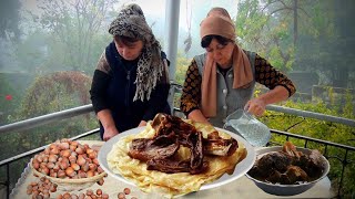 Special Azerbaijan Dish Recipe from Dough and Dry Meat in the Village