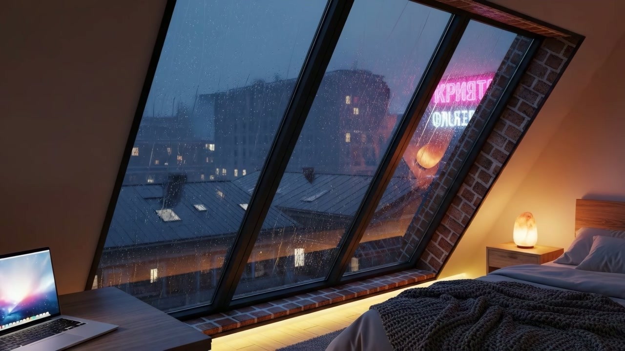 Late Night Study in a Cozy Attic 💻 Neon City Lights & Gentle Rain on ...