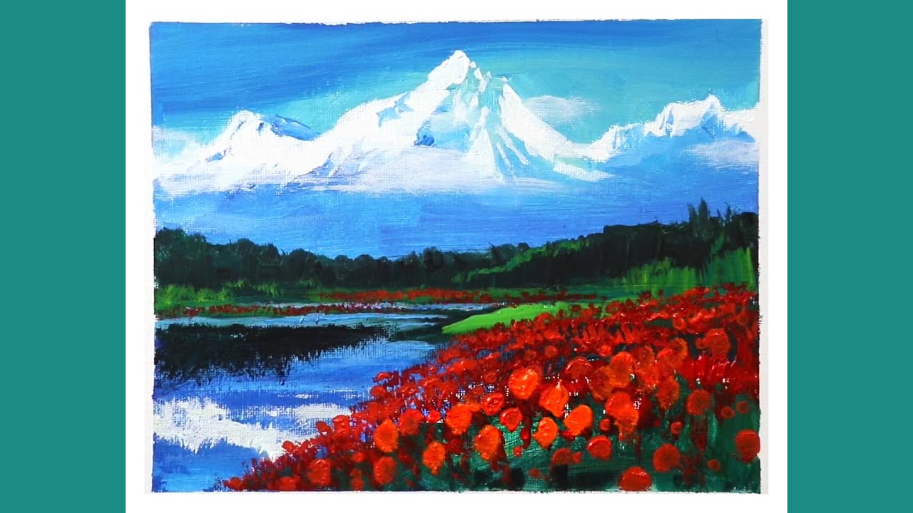 How to paint a flower field under the snow mountain | landscape ...