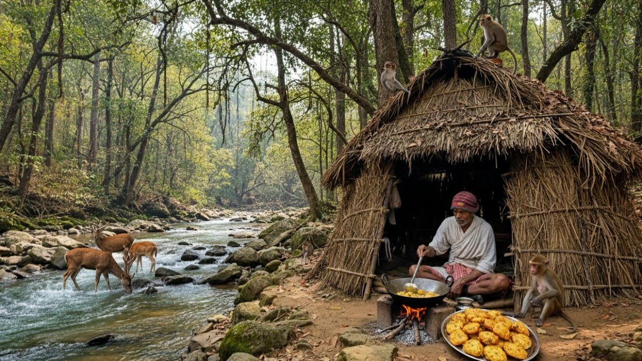 मंदाकिनी नदी के किनारे वृद्ध संत जी की कुटिया में सात्विक भजिया प्रसादी 
