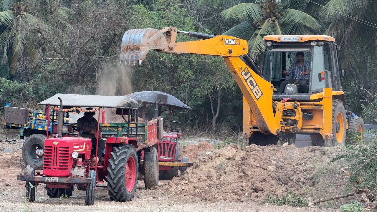 JCB 3DX loading Soil in 2 tractors New Home basement work | Mahindra 415 and 575 tractors