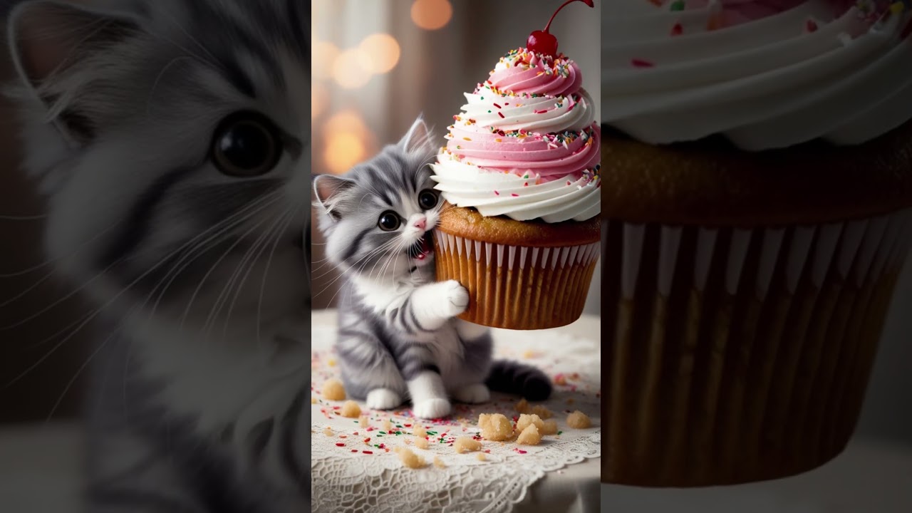 🥰Cat baby eating cupcakes🧁 