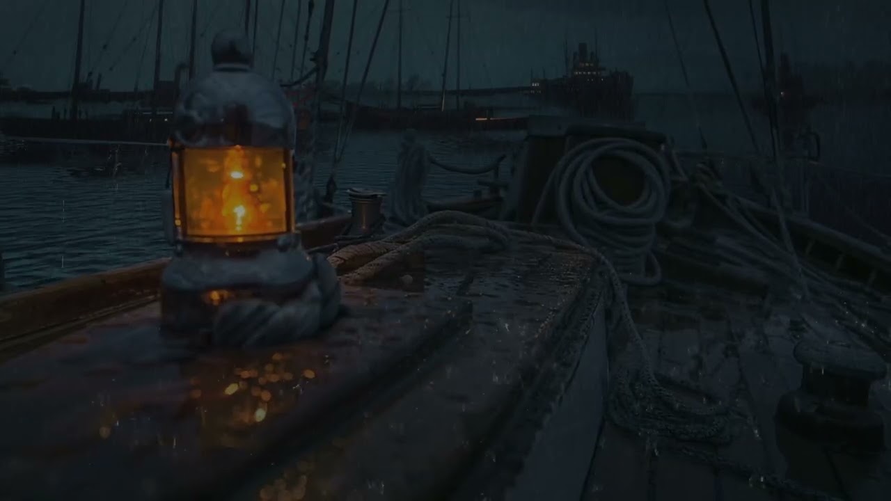 Gentle Rain on a Small Boat at Night | Distant Ocean Waves for Deep Sleep & Relaxation