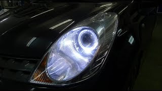 Ниссан Ноут светодиодные линзы Оптима в фарах  Тюнинг фар Nissan Note