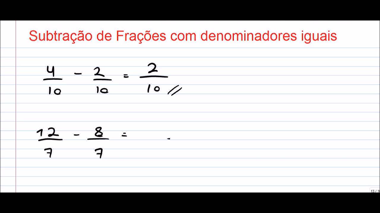 Subtração de frações com denominadores iguais - YouTube