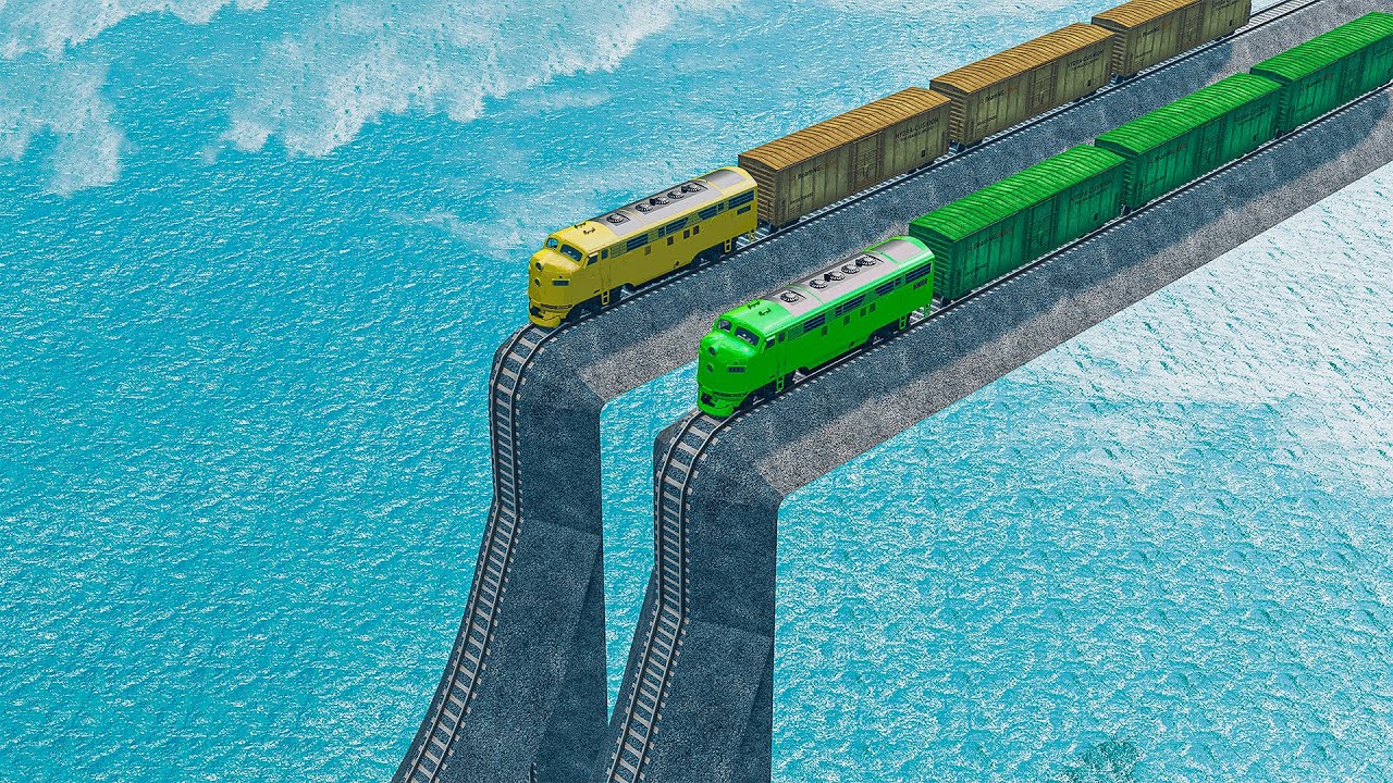 Double Colorful Trains Vs Quadruple Impossible Weird Rails Tracks Crossing Deepwater| BeamNG.drive
