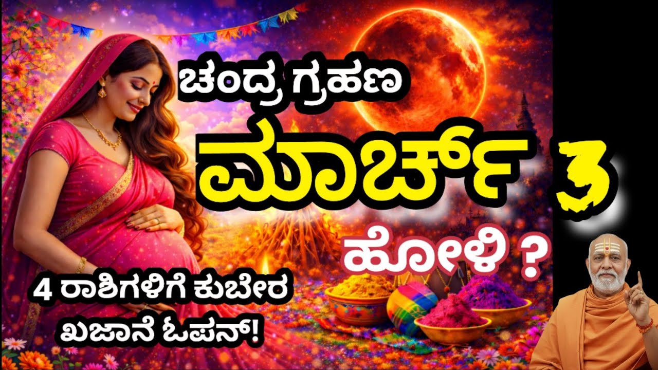 ಮಾರ್ಚ್ 3 ಚಂದ್ರಗ್ರಹಣ 2026 🌑 ಸೂತಕ ಸಮಯ | ಹೋಲಿಕಾ ದಹನ , ಹೋಳಿ ಯಾವಾಗ? 4 ರಾಶಿಗಳಿಗೆ ಮಹಾ ಭಾಗ್ಯ March 3 Eclipse