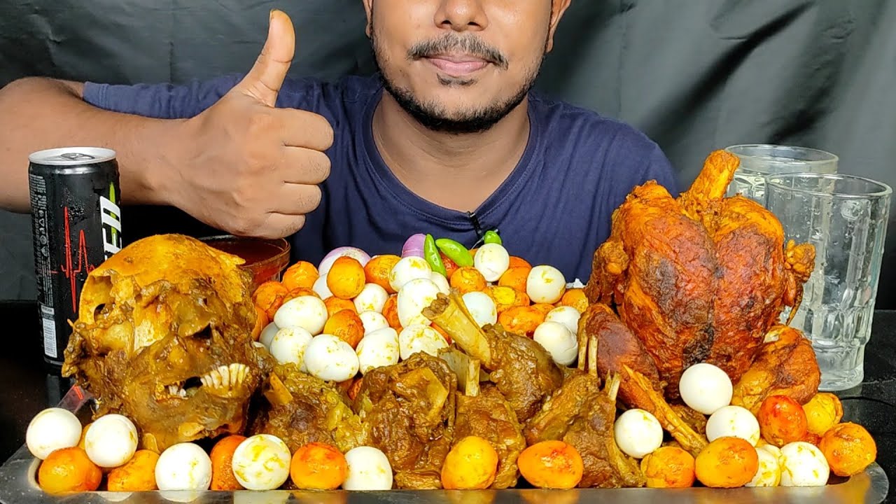 EATING LOTS OF QUAIL EGG CURRY,MUTTON LALLI CURRY,WHOLE CHIKHEN CURRY