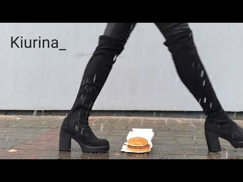 Crush McDonald`s burger with thigh high boots