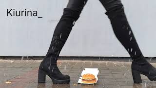 Crush McDonald`s burger with thigh high boots