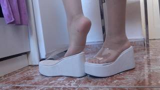 White Wedge Sandals Try On with Pantyhose