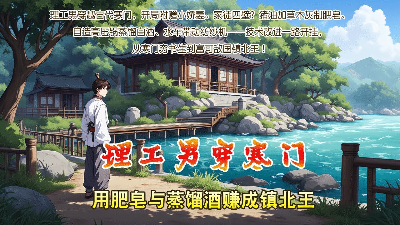 理工男穿寒門：用肥皂與蒸餾酒賺成鎮北王。理工男穿越古代寒門，開局附贈小嬌妻。家徒四壁？豬油加草木灰製肥皂、自造高壓鍋蒸餾白酒、水車帶動紡紗機——技術改進一路開掛，從寒門窮書生到富可敵國鎮北王！#穿越