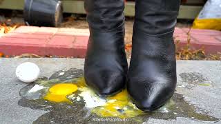 Thigh high heel boots crush eggs