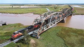 Awesome Aerial 4K View! Short Stack Train CN 123 on Bridge at Sackville, NB