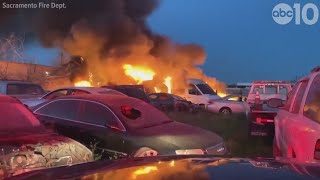 Multiple cars on fire at Sacramento tow yard