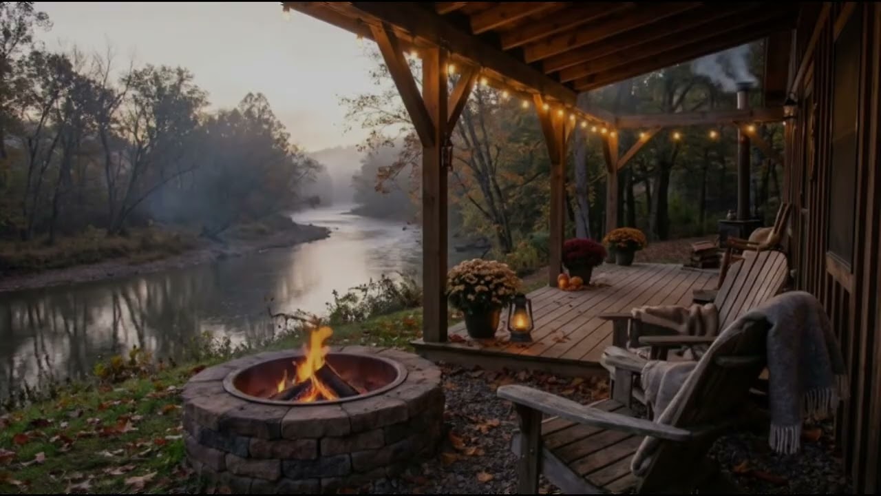 Silent Snowfall on a Cozy Riverside Porch | Winter Firepit Ambience