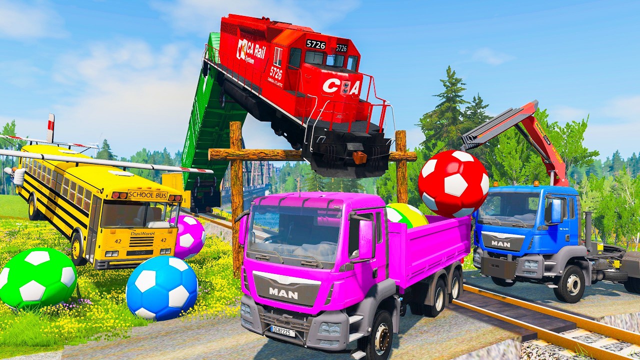 Flatbed Trailer Truck Rescue Bus - Cars vs Slide Colors - Cars vs Rails & Trains - BeamNG Drive #23