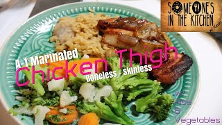 Marinated Chicken Thighs W Onions, Rice Steamed Veggies -