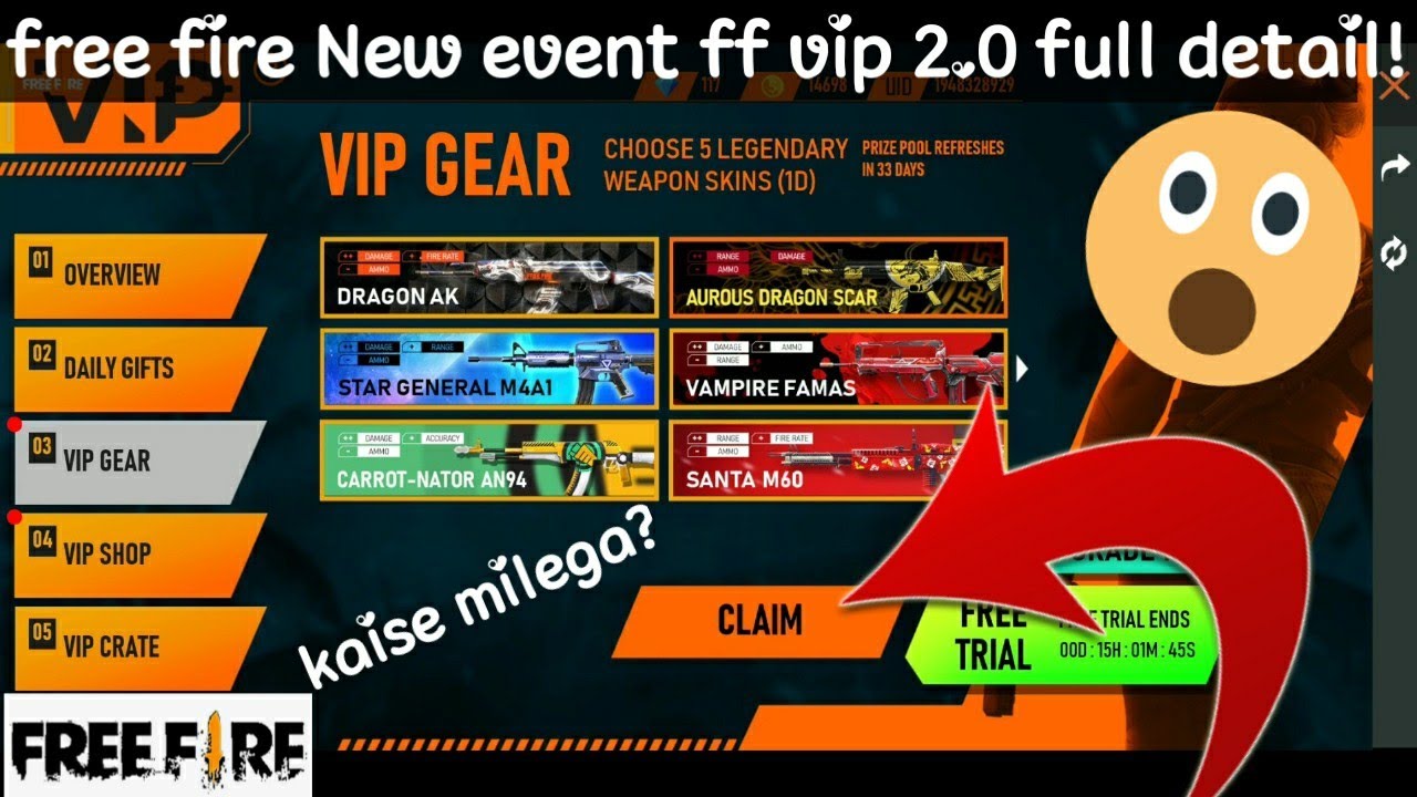Free Fire New event ff vip 2.0 full detail | how to upgrade ff vip 2.0 ...