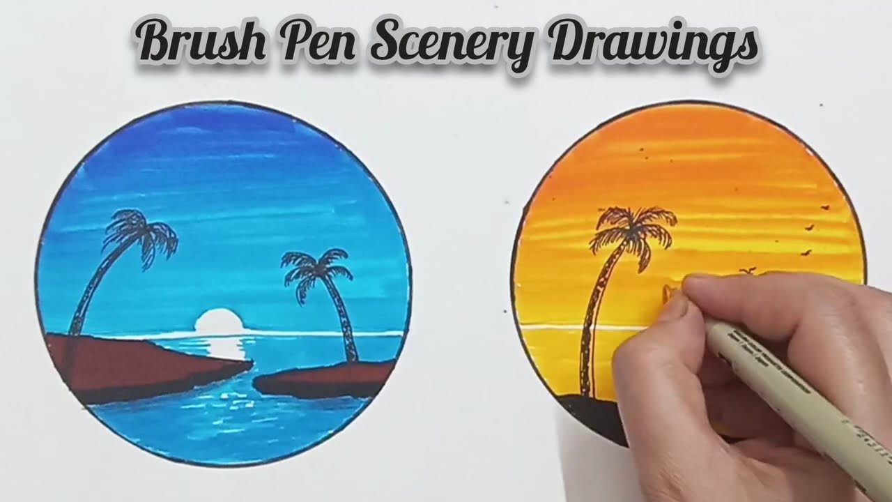 😳Drawing of Nature | Natural Scene Drawings | Brush Pen Drawing | Morning Drawing | Night Drawing