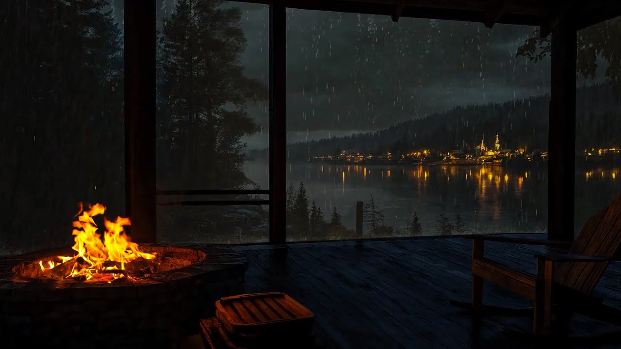 Heavy Storm by the Lake•Sheltering in a Warm Wooden Cabin•Crackling Campfire•Peaceful Sleep Ambience