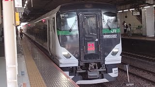 E257系5500番台OM-55編成が特急あかぎ8号上野行きとして大宮駅6番線に入線到着するシーン