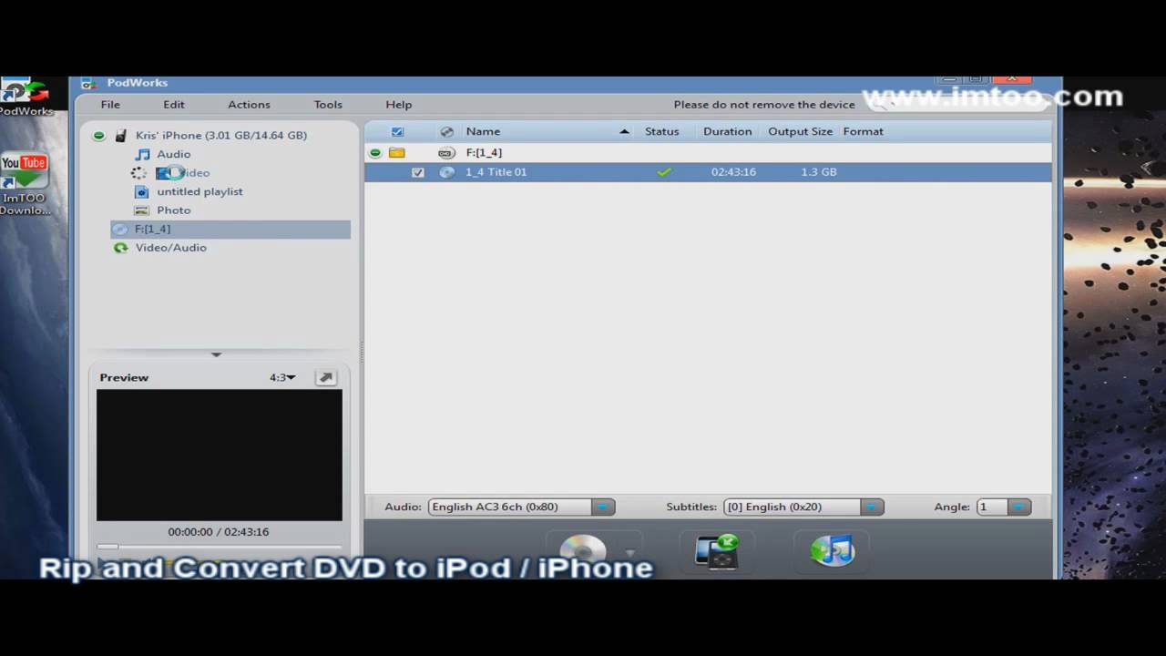 Convert DVD to iPod / iPhone Tutorial. Use ImTOO PodWorks to Convert and Rip DVDs to iPod