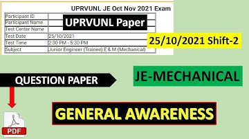 UPRVUNL junior engineer 25 October 2021 mechanical question paper | uprvunl je previous Paper