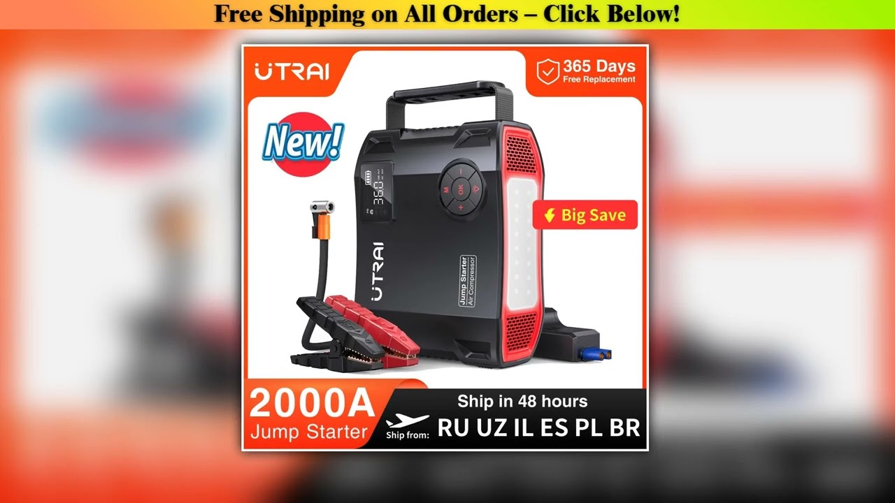 UTRAI 4 In 1 2000A Jump Starter Power Bank 16000mAh 150PSI Air Compressor Tire Pump Portable Charge