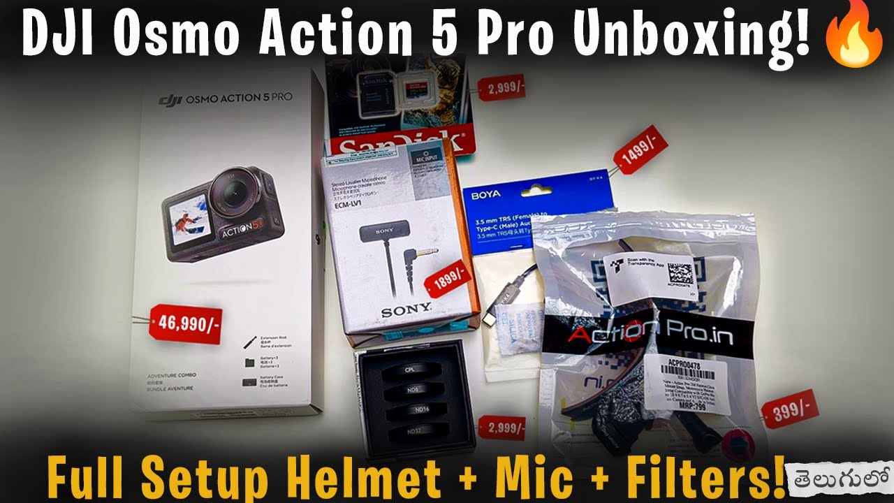 📦DJI Osmo Action 5 Pro Unboxing Telugu 🔥| Telesin Filters, Helmet Mount & Sony Lavalier Mic Setup🎥