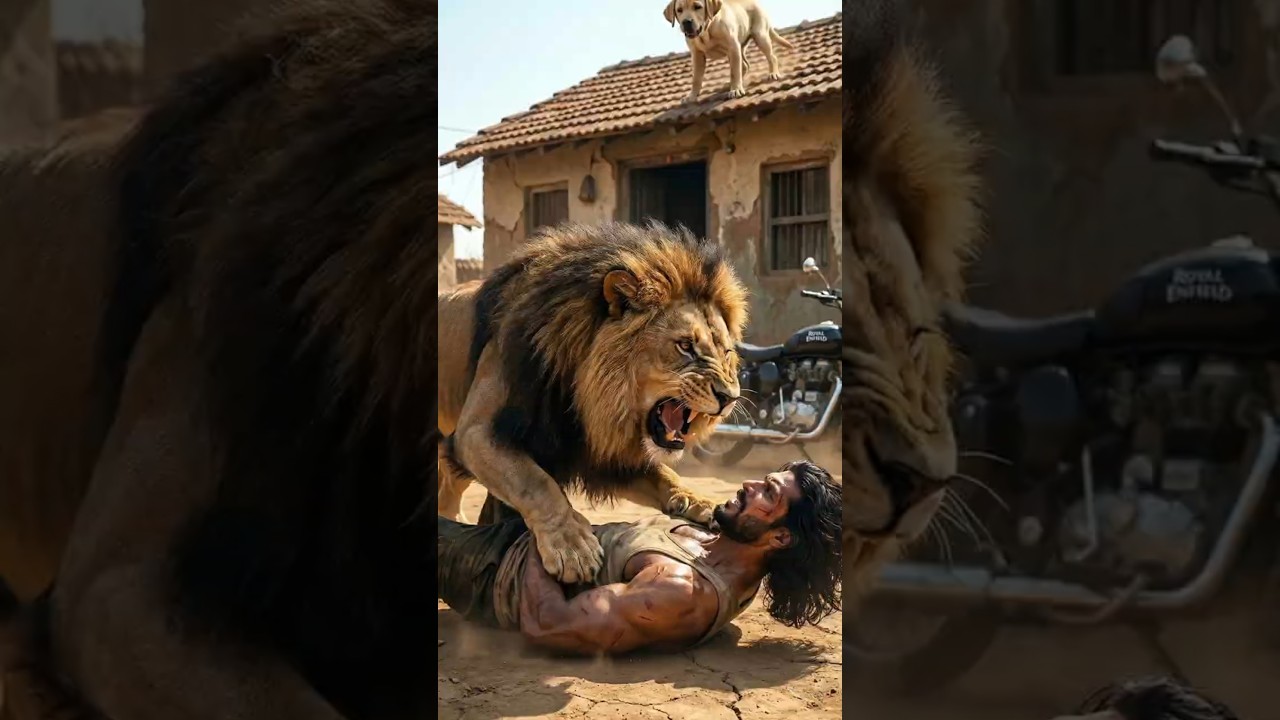 Deadly Lion vs Rudra Fight for Dog #aivideo #animalstory #trending