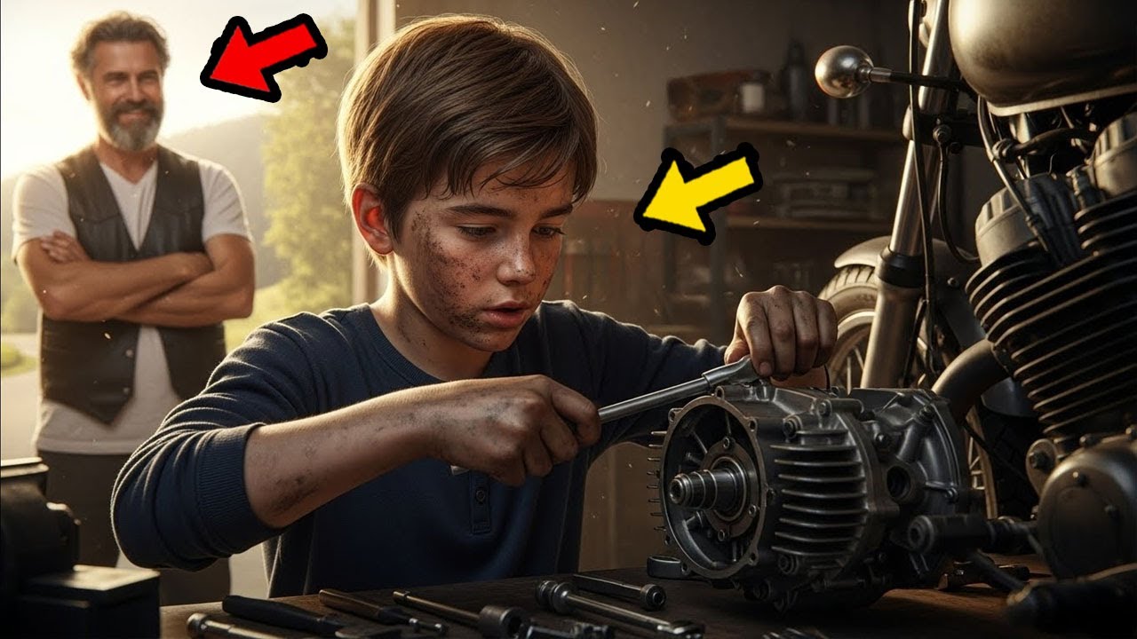 Der Biker sagte dem Jungen Wenn du diesen Motor starten kannst, gehört dir das Motorrad