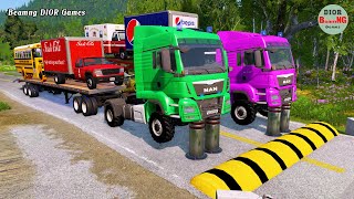Double Flatbed Trailer Truck Cars Vs Rails Tractor Vs Train Cars Vs Bollards Beamng Drive 350