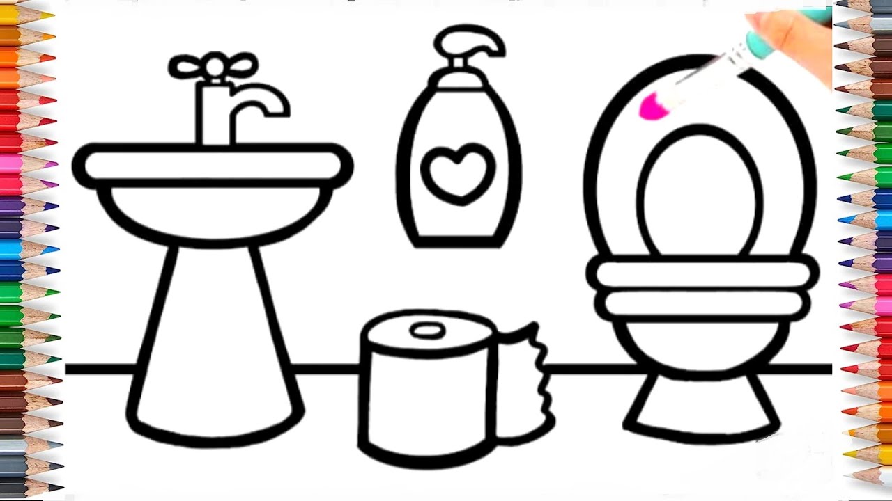 How to draw and color bathroom picture with fun colors, easy drawing ...