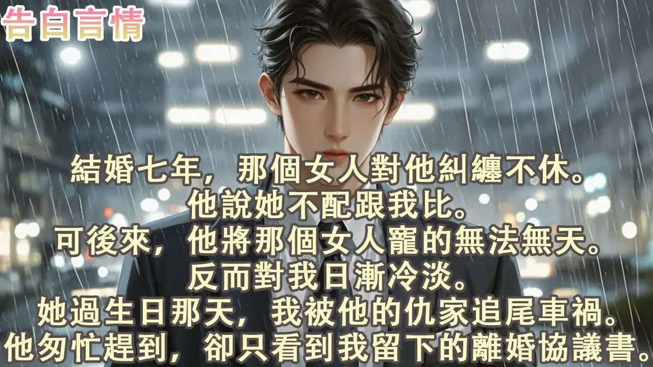《离婚协议书在车祸后》結婚七年，那個女人對他糾纏不休。他説她不配跟我比。可後來，他將那個女人寵的無法無天，反而對我日漸冷淡。她過生日那天，我被他的仇家追尾車禍。他匆忙趕到，卻只看到我留下的離