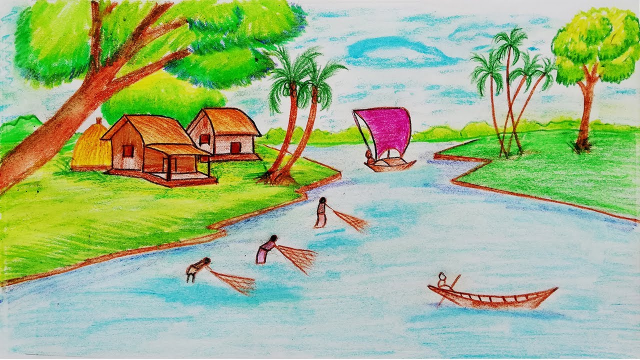 How to draw easy scenery of catching fish on the river step by step